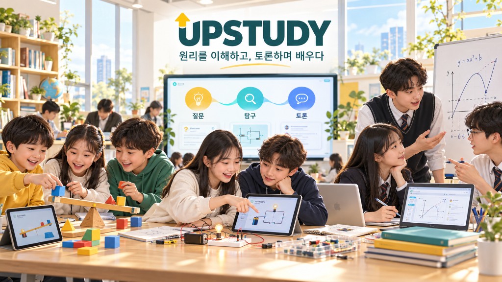 UPSTUDY — 원리를 이해하고, 토론하며 배우다. 밝은 교실에서 학생들이 블록, 회로, 그래프로 원리를 탐구하고 토론하는 모습